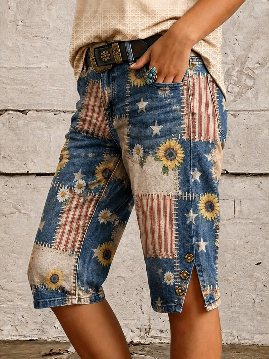 Retro Style Floral Art Print Vintage Casual Denim Shorts